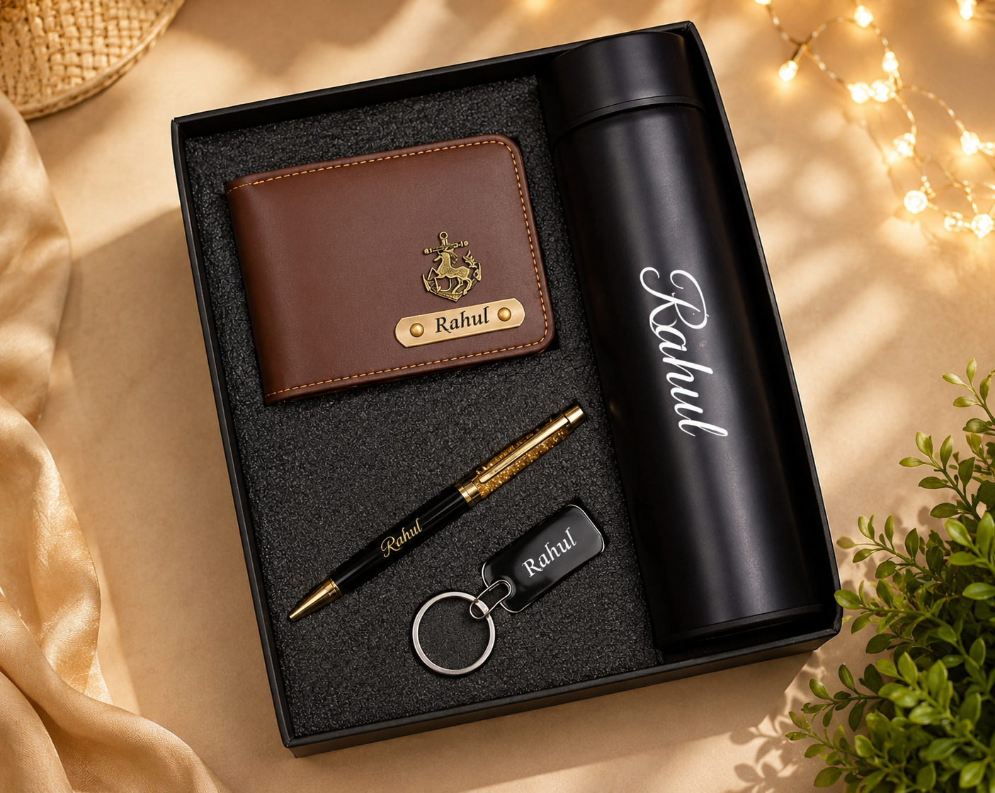 Brown colour wallet With pen and temperature bottle combo