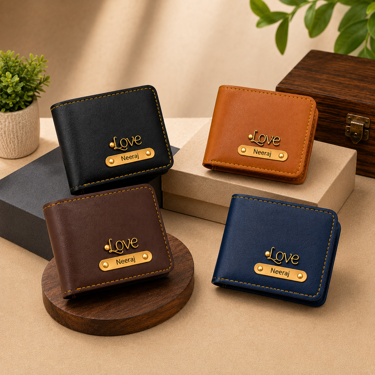 Personalized Brown Wallet & Keychain Gift Set with Custom Name Engraving