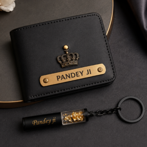 Customized blue wallet with name engraving and gold flake keychain gift set for men with personalized design.