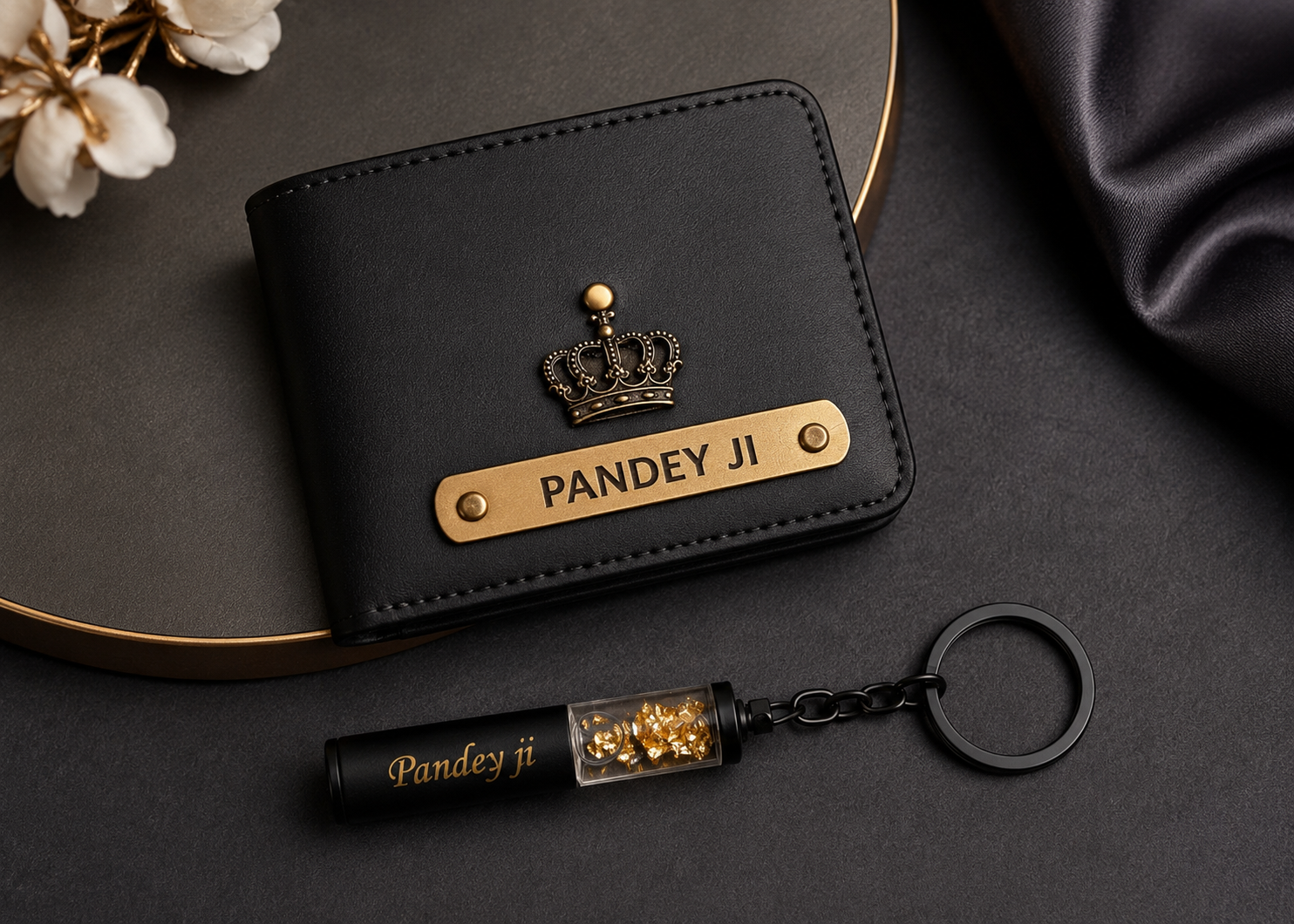 Customized blue wallet with name engraving and gold flake keychain gift set for men with personalized design.