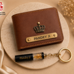 Customized blue wallet with name engraving and gold flake keychain gift set for men with personalized design.