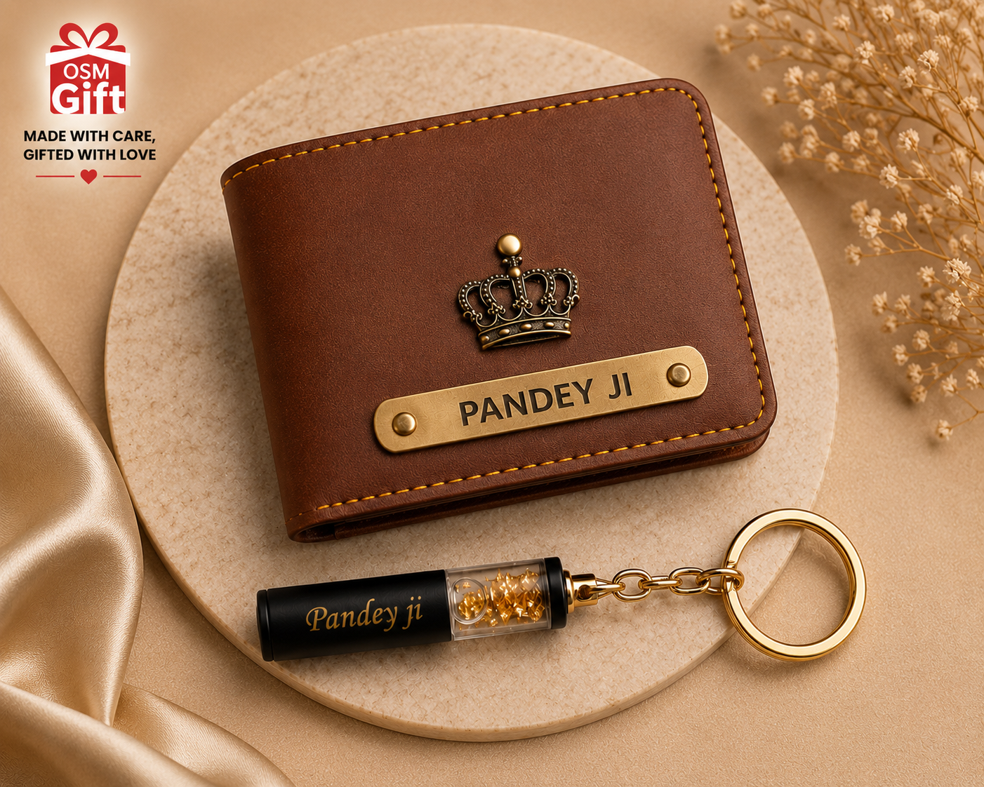 Customized blue wallet with name engraving and gold flake keychain gift set for men with personalized design.