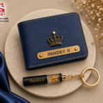 Customized blue wallet with name engraving and gold flake keychain gift set for men with personalized design.