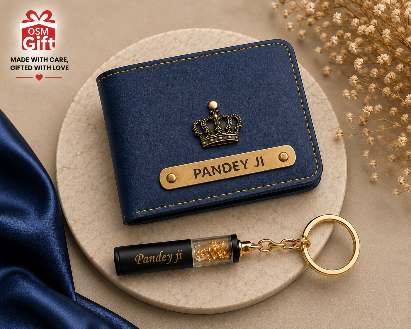 Customized blue wallet with name engraving and gold flake keychain gift set for men with personalized design.