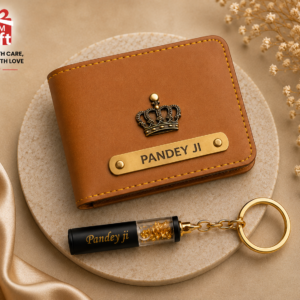 Customized blue wallet with name engraving and gold flake keychain gift set for men with personalized design.