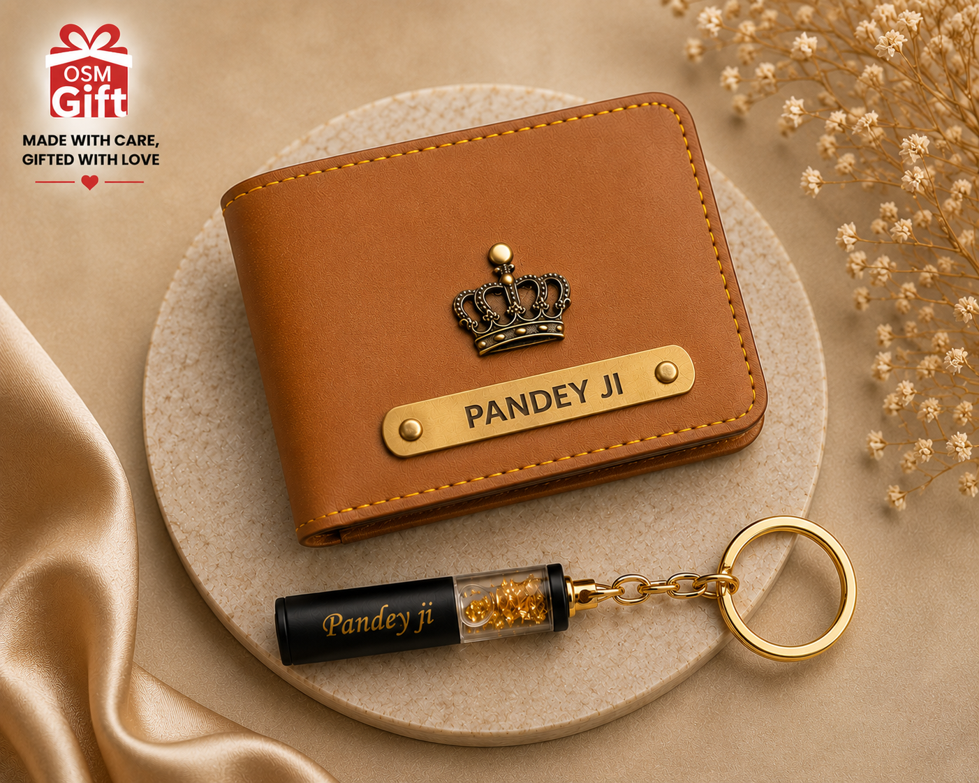Customized blue wallet with name engraving and gold flake keychain gift set for men with personalized design.