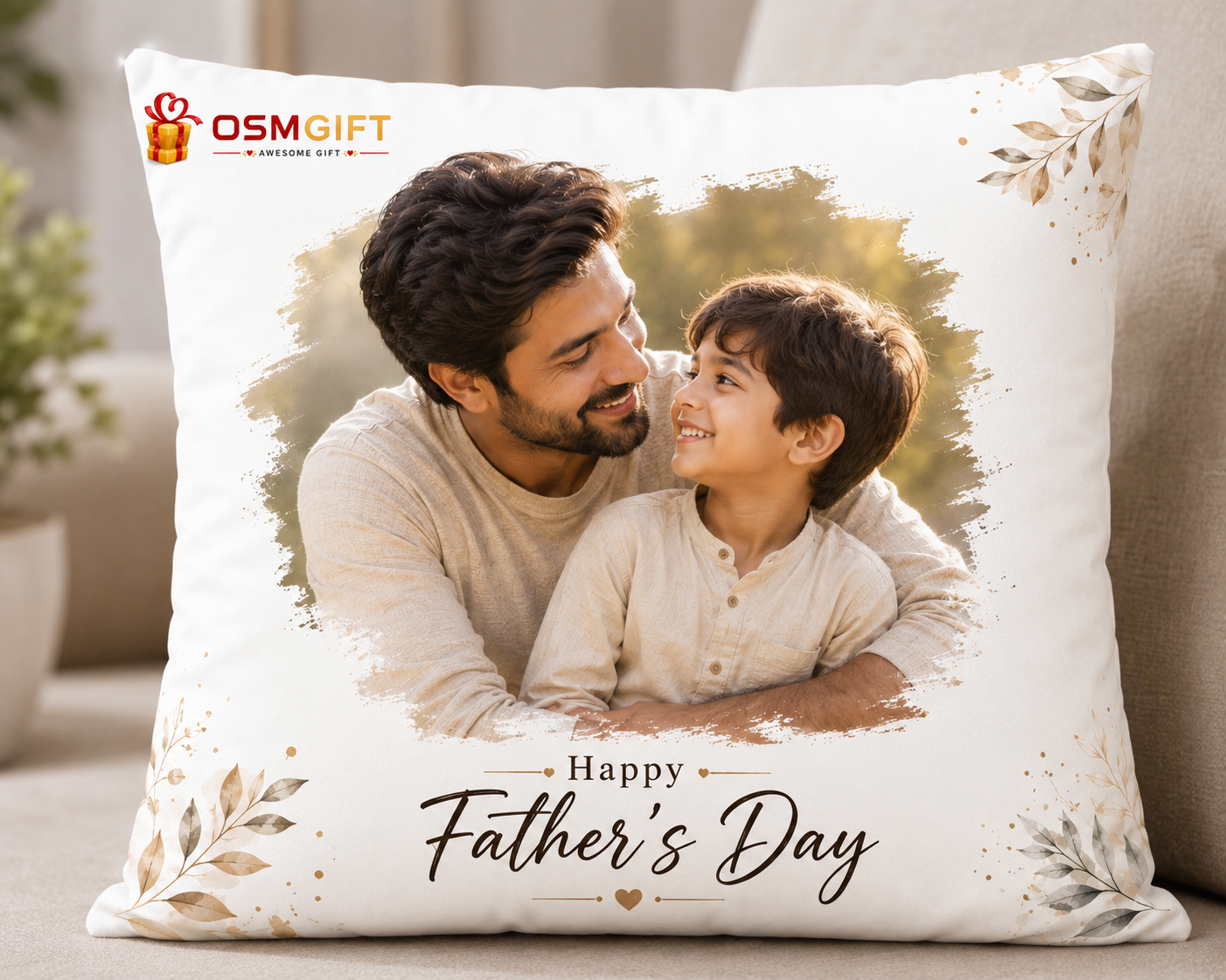 Customized Father's Day cushion with personalized father and child photo printed on soft pillow cover.