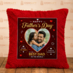 Personalized Father's Day Red Fur Pillow with Custom Photo Print and Best Dad Design.