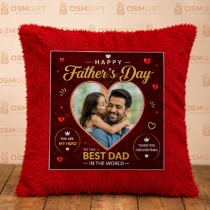 Personalized Father's Day Red Fur Pillow with Custom Photo Print and Best Dad Design.