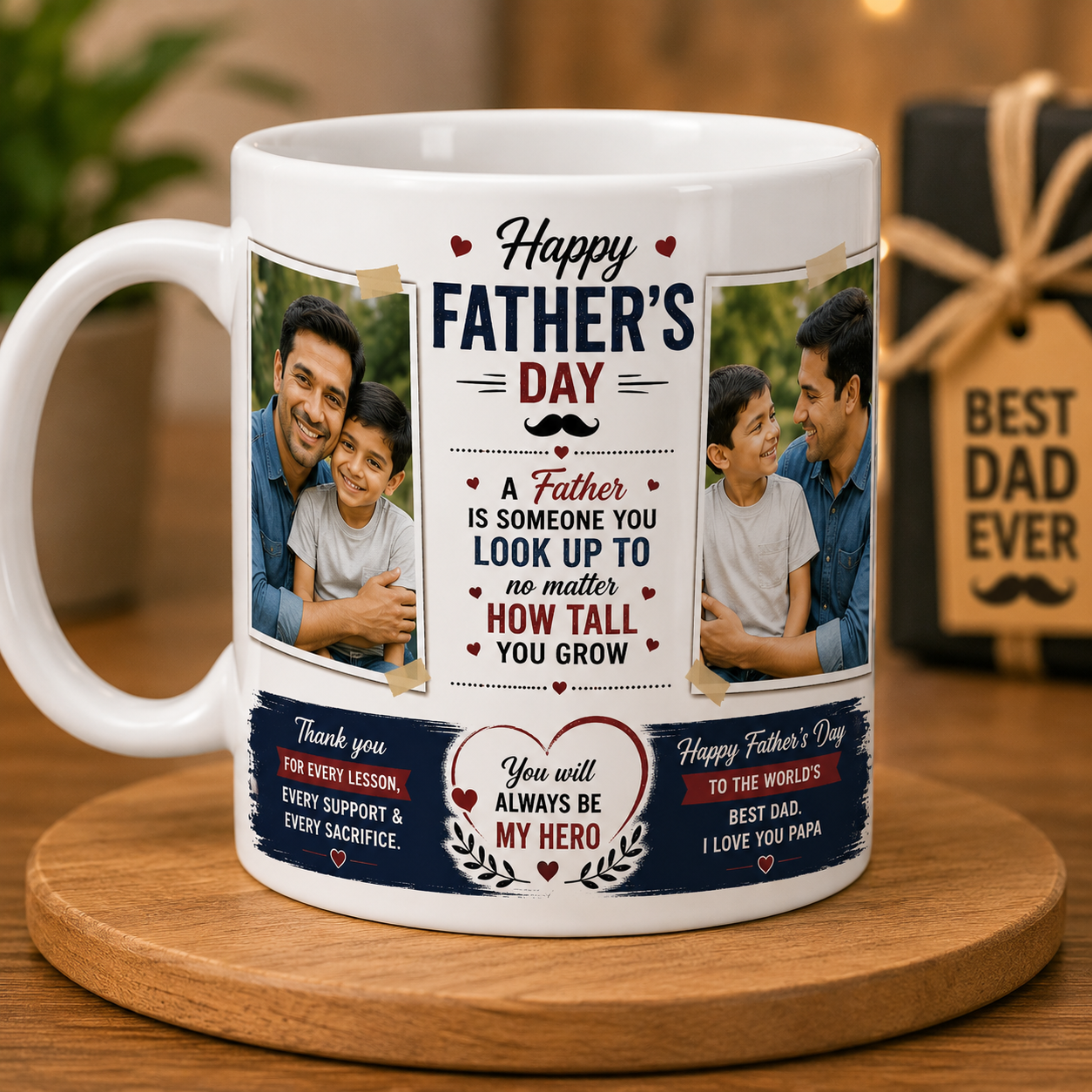 Personalized Father's Day white coffee mug with father and son photo collage and heartfelt quote