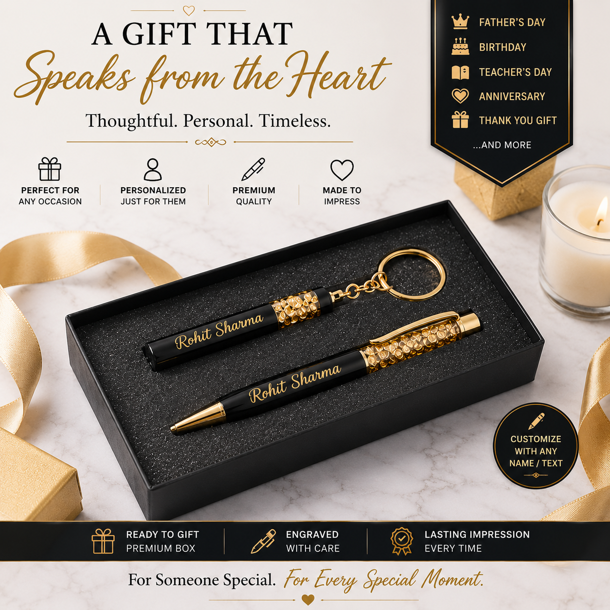 Personalized Golden Flake metal pen and keyring combo with custom name engraving by OSM Gift.