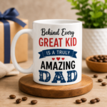 White Father's Day coffee mug with Behind Every Great Kid Is A Truly Amazing Dad quote design, premium ceramic gift mug for father