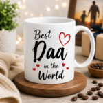 White Father's Day coffee mug with Best Dad In The World quote design, premium ceramic gift mug for father by OSM Gift