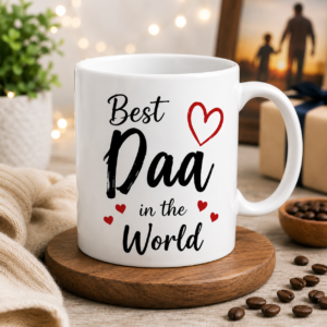 White Father's Day coffee mug with Best Dad In The World quote design, premium ceramic gift mug for father by OSM Gift