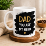 White Father's Day coffee mug with Dad You Are My Hero quote design, premium ceramic gift mug for father by OSM Gift