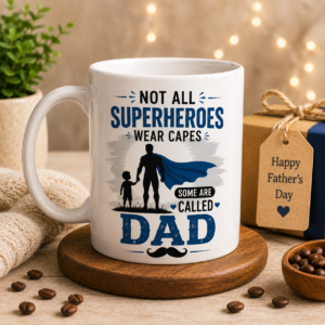 White Father's Day coffee mug with superhero dad quote design, premium ceramic mug gift for father by OSM Gift