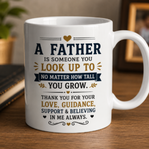 White Father's Day coffee mug with inspirational father quote design, premium ceramic gift mug for dad by OSM Gift