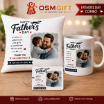 Customized Father's Day combo gift with photo printed pillow, coffee mug and MDF keychain by OSM Gift.