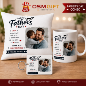 Customized Father's Day combo gift with photo printed pillow, coffee mug and MDF keychain by OSM Gift.