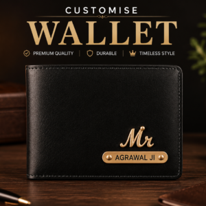 Black personalized wallet with golden Mr charm and custom Agrawal Ji name plate