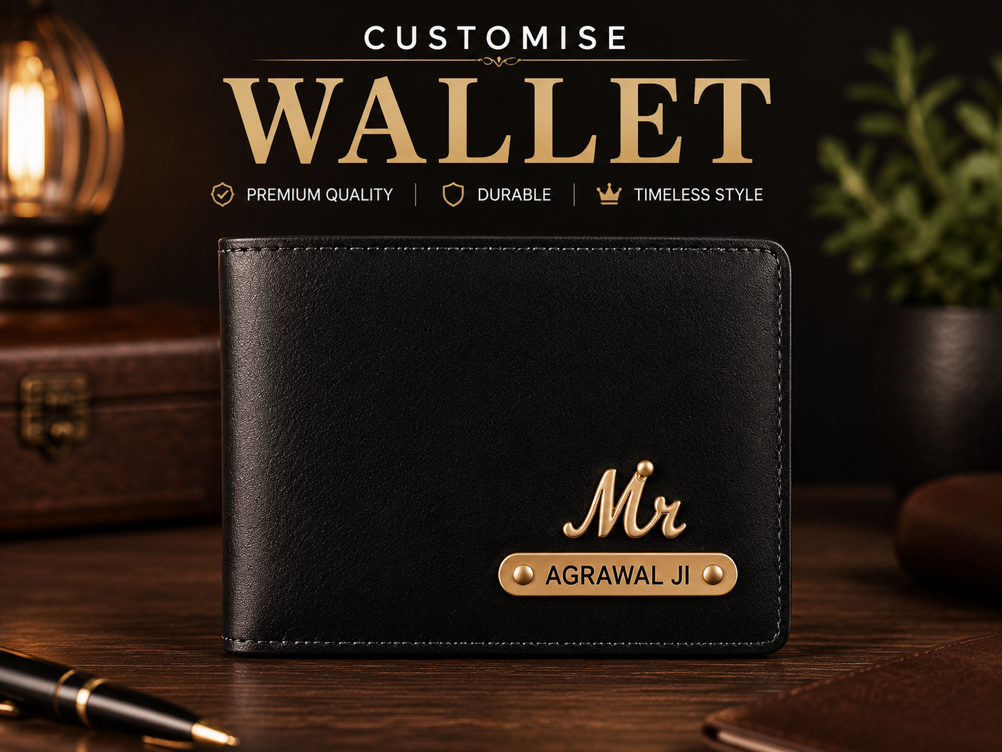 Black personalized wallet with golden Mr charm and custom Agrawal Ji name plate