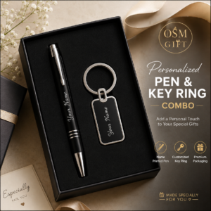 Customized Name Engraved Pen and Key Ring Combo Gift Set in Premium Black Gift Box