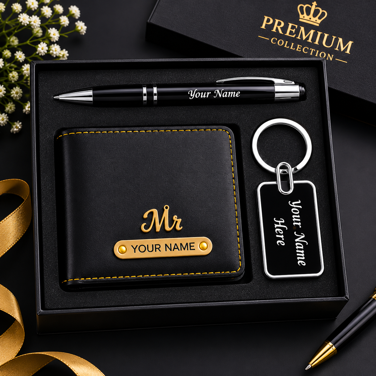 Personalized black wallet, pen and keychain combo gift set for men in premium gift box