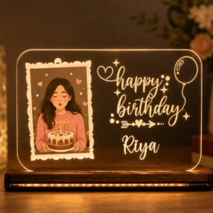 6x8 inch customized acrylic LED photo frame with personalized photo, name and warm LED wooden base