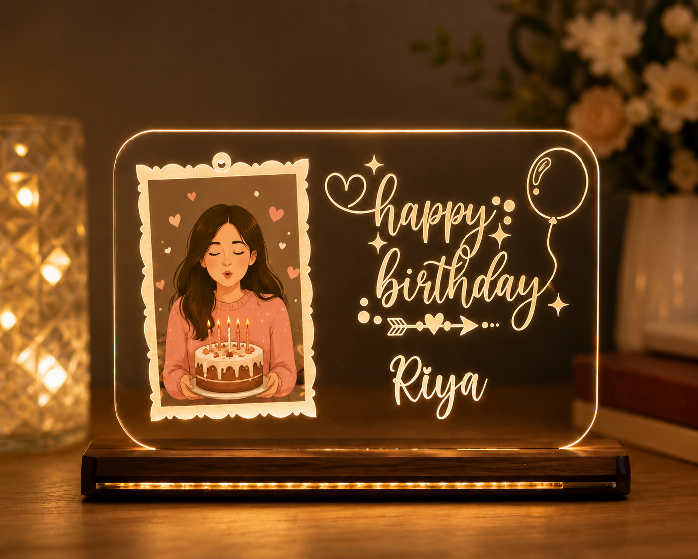 6x8 inch customized acrylic LED photo frame with personalized photo, name and warm LED wooden base